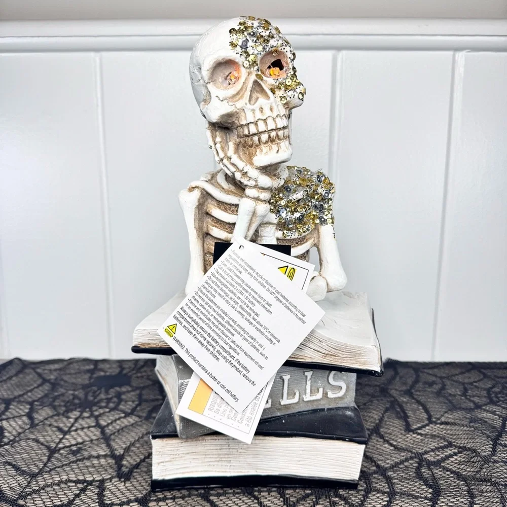 NEW Midnight Manor Light Up Skeleton on Spell Books Halloween Figurine